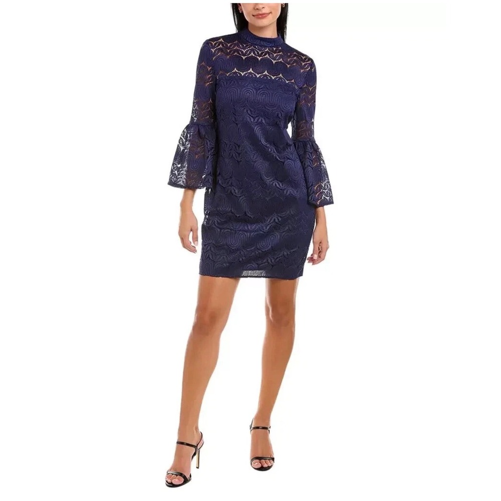 TRINA TURK Illusion Yoke Twist Bell Sleeve Squiggle Lace Dress Size 8 Navy Blue